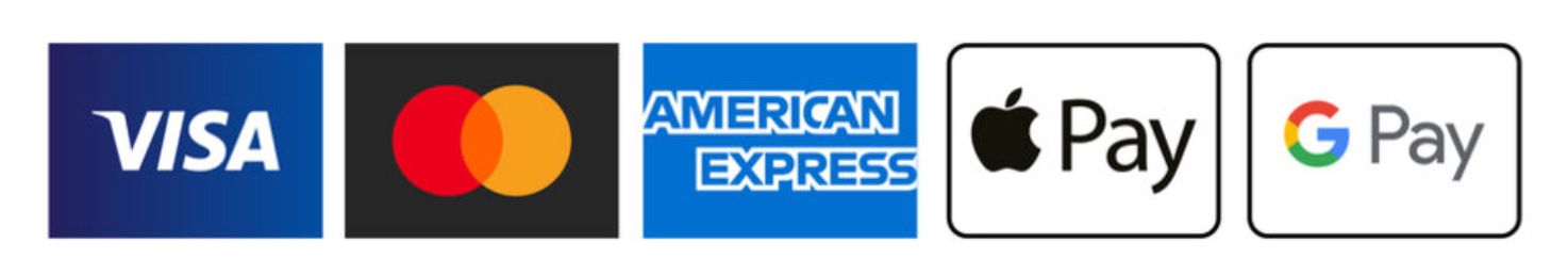 Visa, Mastercard, Amex, Apple Pay, Google Pay